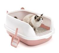 Cat Litter Tray Box, Litter Box, Plastic Cat Open Top Litter Tray with Free Scoop Kitten Detachable Rim Easy Cleaning,48 x 40 x 20cm (Pink)