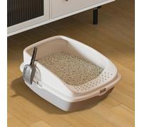 Cat Litter Tray Box, Litter Box, Plastic Cat Open Top Litter Tray with Free Scoop Kitten Detachable Rim Easy Cleaning,49 x 38 x 23cm (Grey)