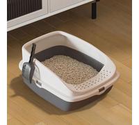 Cat Litter Tray Box, Litter Box, Plastic Cat Open Top Litter Tray with Free Scoop Kitten Detachable Rim Easy Cleaning,49 x 38 x 23cm (Dark Grey)