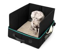 Cat Litter Tray Foldable Travel Edition 50 x 40 x 28 cm: Portable Cat Litter Tray with Zip Lid, Lightweight Waterproof Travel Cat Litter Tray for On the Go, Baffle, Accessories for Car Camping (Black)