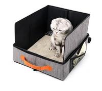 Cat Litter Tray Foldable Travel Edition 50 x 40 x 28 cm: Portable Cat Litter Tray with Zip Lid, Lightweight Waterproof Travel Cat Litter Tray for On the Go, Baffle, Accessories for Car Camping (Grey)