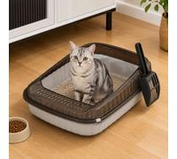 Cat Litter Tray High Sided - Open Top Cat Litter Box with Scoop & Detachable Rim | Anti-Splash Plastic Kitten Toilet Easy to Clean Non Stick Semi Enclosed Pet Litter Box for Cats Kittens (Gray)