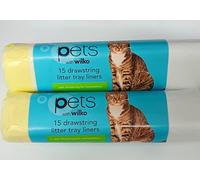 Cat Litter Tray Liners, Fits Tray Large 40x30cm Pack of 2 rolls of 15 each Scratch Resistant Bin Box Liners Heavy Duty, Leak-Proof Tear Resistant Bags White & Lemon (Pack of 2 of 15 Liners)