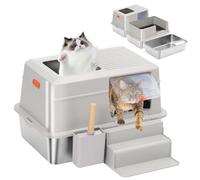 Cat Litter Tray Stainless Steel with Lid,Anti Leakage,Odor Control,Anti Splash Pedal,Enclosed Large Cat Litter Box with High Sides and Scoop,Kitten Metal Litter Pan Easy to Clean,Detachable,Grey