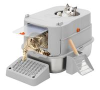 Cat Litter Tray Stainless Steel with Lid,Anti Leakage,Odor Control,Anti Splash Pedal,Enclosed Large Top Entry Cat Litter Box with High Sides and Scoop,Kitten Litter Pan Easy to Clean,Detachable,Grey