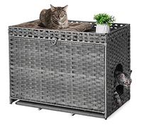 Cat Litter Tray with Soft Cat Litter Tray, Hidden Kitten Laundry Room Furniture with Door, Handwoven Rattan Cat House with Large Space, Pet Crate for Living Room, Bedroom, Balcony (Grey)
