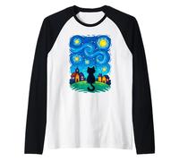 Cat Looking at Starry Night Sky Colorful Moon Houses Stars Raglan Baseball Tee
