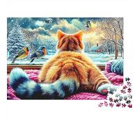 Cat Looking Out Window Jigsaw Puzzle for Adults 1000 Piece Jigsaw Puzzle Winter Birds Family Time Stress Relief 52x38cm/1000pcs