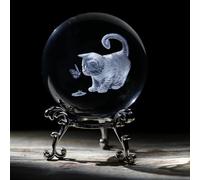 Cat Lover Gifts - 3D Cute Fat Cat Figurine in Crystal Ball Paperweight With Stand - Laser Engraved Crystal With Butterfly - Decorative Kitten Collectible Snow Globe - 2.36in