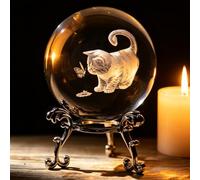 Cat Lover Gifts - 3D Cute Fat Cat Figurine in Crystal Ball Paperweight With Stand - Laser Engraved Crystal With Butterfly - Decorative Kitten Collectible Snow Globe - 2.36in