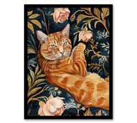 Cat Lover Moggie Pet in Rose Garden Watercolour Framed Wall Art Artery8 Dark Blue A4