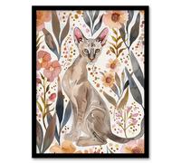 Cat Lover Oriental Shorthair with Anemone Flowers Framed Wall Art Artery8 Pink A4