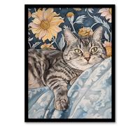 Cat Lover Tabby Moggie Elegant Floral Portrait Framed Wall Art Artery8 Blue A4