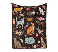Cat Lover Throw Blanket - Soft Flannel With Cats and Flowers Design for Kids, Girls, Boys - All Season Cartoon Animals Blanket for Sofa, Couch, Bed - Decorative Blue 50x60 Inch