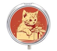 Cat Lying on The Box Round Pill Box for Home, 3 Compartment Pill Case | Waterproof Pill Holder with Mirror, Dustproof Mini Medicine Box for Outdoor, Portable Fish Oil Storage Box for Travel