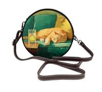 Cat Lying On The Couch Drinking Women Round Crossbody Bags Leather Sling Bag Purse