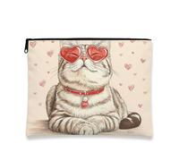 Cat Makeup Bag, Cute Kitty Heart Pattern Cosmetic Travel Bags for Women, Portable Small Canvas Zipper Pouch, Valentine's Day Gift Skincare Toiletry Bag Organizer, Beige, 7x9 Inch, Cat