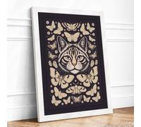 Cat Mandala Boho Framed Wall Art Print A2 White