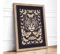 Cat Mandala Boho Framed Wall Art Print A4 Oak