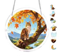 Cat Maple Branch Valley River Scene 7.8x7.8Inch Round Acrylic Hanging Puzzle | Creative Home Accent with Visual Appeal