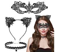 Cat Mask and Cat Ears Headband, 3 Pcs Cat Woman Mask and Ears Black Choker Set Lace Catwoman Eyemask Sexy Masquerade Mask Cat Costume Accessories for Women
