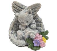 Cat Memorial Angel Ornament with Wings & Flowers - Cat Memorial Gifts for Garden or Grave - Cats Grave Marker Ornament Cement Statue - Pet Loss Tribute Remembrance Keepsake - H9.5cm x W8cm x D8cm