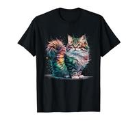 Cat Men Women Colourful Watercolour Cat T-Shirt, Men, Black, 6X-Large