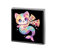Cat Mermaid Eating Pizza Square Badge Metal Lapel Pins Brooches for Clothing Decoration