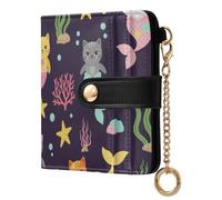 Cat Mermaid Purple Print Small Women Wallet Leather RFID Blocking Bifold Compact Card Holder with Zipper Coin Pocket Purse for Women Ladies Girls