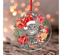 Cat Merry Christmas Hanging Ornaments Tabby Gray Cat Photo Christmas Tree Ornament Christmas Tree Decorations Round Clear Round Acrylic Ornament Pendant for Friends Coworkers Employees Family
