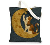 Cat Moon Canvas Tote Bag, Vintage Reusable Shopping Bags, Lightweight Dark Blue Shoulder Strap Purses 13x15 Inch