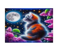 Cat Moon Flowers 1000 Pieces Mini Jigsaw Puzzle for Adults | 52x38cm Cardboard, Puzzle Assembly, Young Adults, Living Room Decor, Mind Relaxation