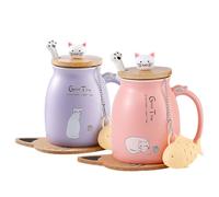Cat Mug Cute Ceramic Coffee Cup with Lovely Kitty lid Stainless Steel Spoon,Novelty Morning Cup Tea Milk Christmas Mug Gift 380ML (Pink & Purple)