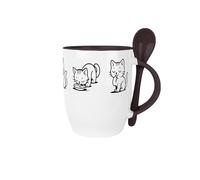 Cat Mug & Spoon Set - Novelty Cartoon Gifts for Cat Lovers, 300ml Black Ceramic Drinks Cup Present