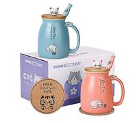 Cat Mugs Set of 2 Cute Cat Tea Cup Set Ceramic Coffee Mug with Kawaii Lid and Spoon Cute Mugs for Women Girls Cat Lovers 16.9oz/480ml Christmas Birthday Cat Gift Mug(2 Pack Blue and Pink)