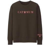 Cat Mum Personalised Sweatshirt Puff Print Cats Paws Name Sleeve, M, Chocolate