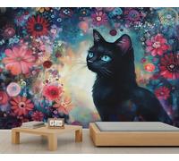 Cat Murals Cartoon Black Cat Art Deco Wallpaper Garden Colorful Flowers Wallpaper Boho Floral Gothic Aesthetic Art Print Bedroom Bedroom Living Room Sofa Large Wall Mural Poster 500X300cm