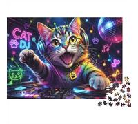 Cat Music Neon Jigsaw Puzzle, 1000 Pcs For Adults | 52x38cm Art Admirers, Gathering Gift, Cardboard, Mood Calming, Tight Puzzle Fit