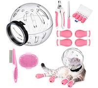 Cat Muzzle for Grooming Kitty Adjustable Hood with Paw Covers Nail Clipper Trimmer Brush Tick Remover Tool Kitten Breathable Anti Bite Muzzles Silicone Anti Scratch Boots for Cats Bathing Shaving