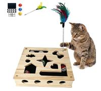 Cat Nail File Scratch Enrichment Box, Solid Pine Wood Interactive Puzzle Toy for Indoor Cats - Gentle Alternative to Clippers & Grinders - Design Maze with Sandpaper.(House pattern-3 Balls, 1 Feather)