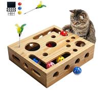 Cat Nail File Scratch Enrichment Box,Solid Pine Wood Puzzle Toy with Widened Safety Holes,Stress Free Alternative to Clippers&Grinders,Interactive Maze for Indoor Cats,Sandpaper, 3 bells,feather stick