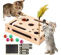 Cat Nail File Scratcher, Cat Claw Scratcher with Sandpaper Inside, Wooden Clawsaver Box with Jingle Balls & Feather Wand, Cat Scratch Puzzle Enrichment Box (1Set+Sandpaper)