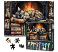 Cat Napping Peacefully on A Stack of Antique Books in Front of a Warm Fireplace Premium Challenging Games Puzzle for Adults 1000 Pieces, Jigsaw Puzzles Game for Adults, Families 27.5" x 19.6"/70*50cm