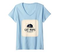 Cat Naps are Essential: Whimsical Feline Sleep V-Neck T-Shirt, Women, Baby Blue, L