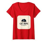 Cat Naps are Essential: Whimsical Feline Sleep V-Neck T-Shirt, Women, Red, XL
