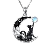 Cat Necklace Jewelry - Adjustable Chain Moon And Cat Charm, Moonstone Animal Pendant | Kitten Necklace Chain For Friends Family Women Girl Portable Jewellery Accessories Elegant Gift Style