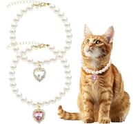Cat Necklaces Pearl Collars with Rhinestone Hearts 2PC Adjustable Pink/White Heart Charm Collars Glittering Necklace for Rabbits Cats Puppies Guinea Pig (2PC)