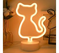 Cat Neon Signs - Bedroom Night Light - Powered by Battery/USB with Base - LED Table Decoration for Bedroom Wedding Birthday Bar Party Gifts for Kids(Warm White)