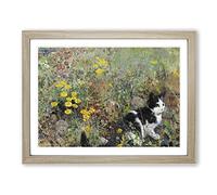 Cat On A Flowerbed By Bruno Liljefors Classic Painting Framed Wall Art Print, Ready to Hang Picture for Living Room Bedroom Home Office Décor, Oak A4 (34 x 25 cm)