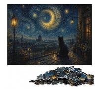 Cat on a rooftop overlooking a city at night Jigsaw Puzzle, 300 Pieces | For gifting: Jigsaw Puzzle - clear motif details for easier section planning at home.